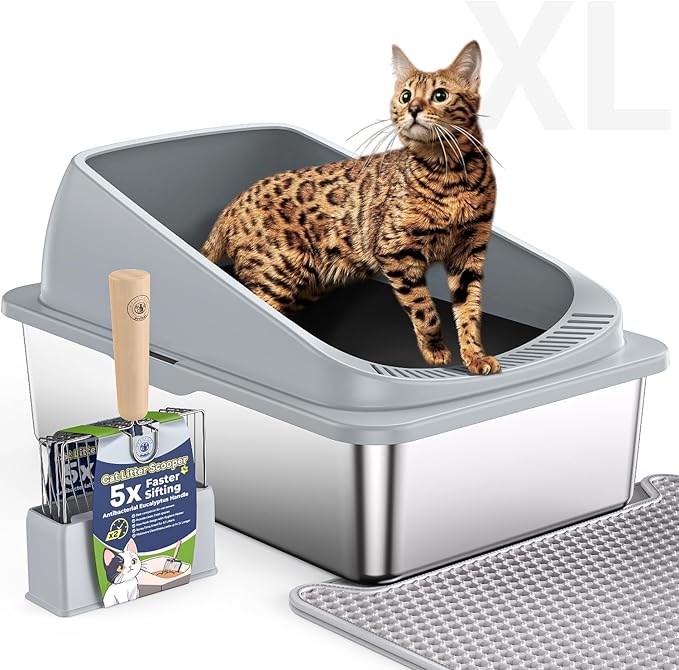 Stainless Steel Cat Litter Box with Scoop, Metal Litter Box High Sided, Cat Litter Box Enclosure, XL Extra Large High-Sided Litter Boxs (Anti-Urine Leakage, Include Scoop) (Grey)