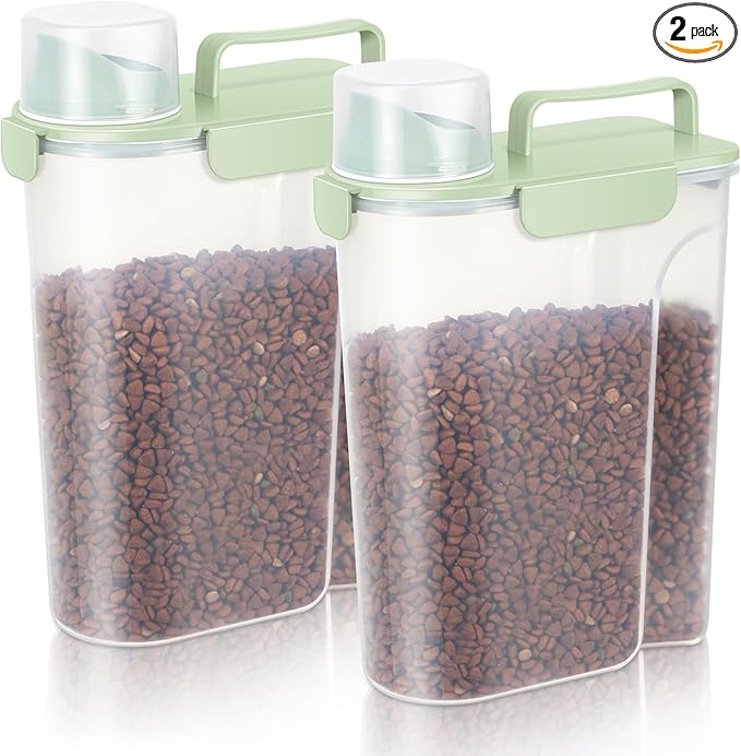 5-7Lbs Dog Cat Food Storage Container with Upgraded Large Nozzle BPA-free, 4 Snap Seals Plastic Pet Food Storage Containers with Handles (2, Light Green, 5L)