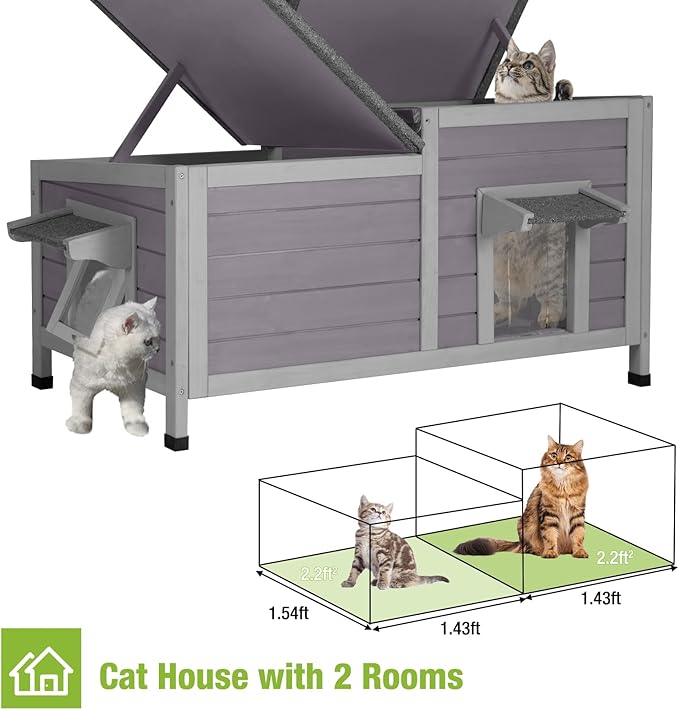 Cat House Outdoor, Weatherproof Feral Cat Shelter for Winter, Double Rooms Design