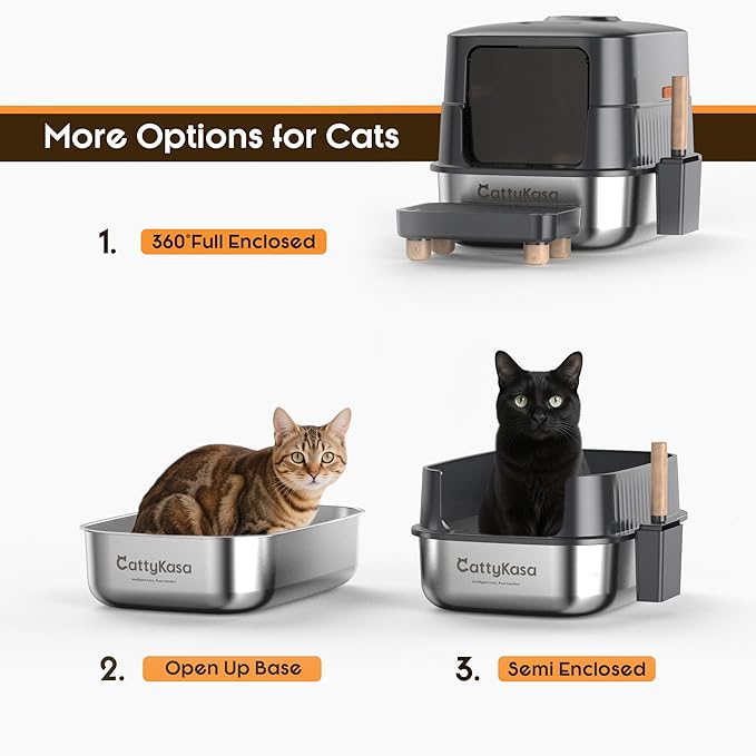 Odor Control XL Stainless Steel Litter Box,3-in-1 Enclosed High Sided Litter Box with High Lid for Big Cats,Non-Sticky,Anti-Leakage,Easy Clean,with Scoop & Filter Pedal