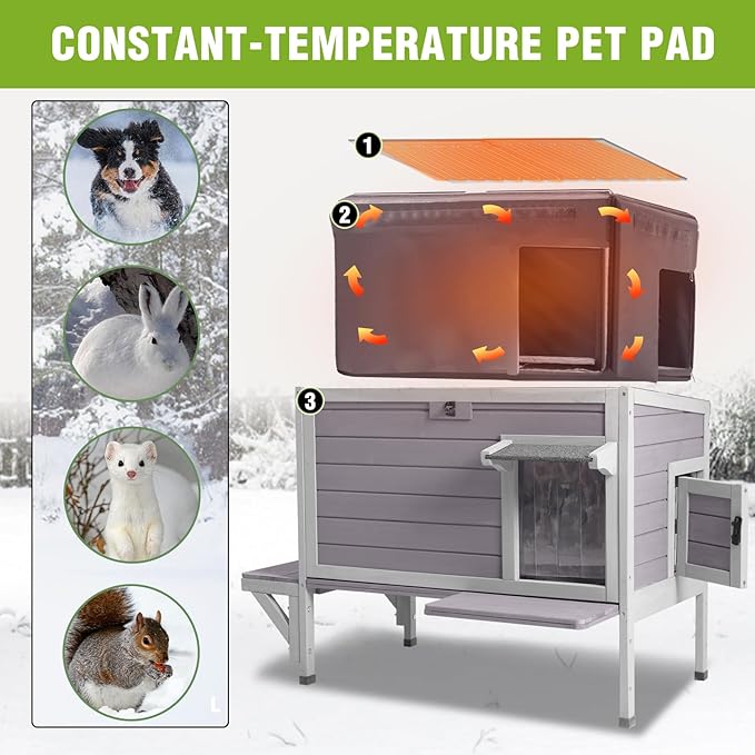 GUTINNEEN Heated Cat House for Outside Insulated in Winter, Weatherproof Outdoor Cat Shelter for Feral Cats, Kitten Cage with Heating Pad and Insulated Liner