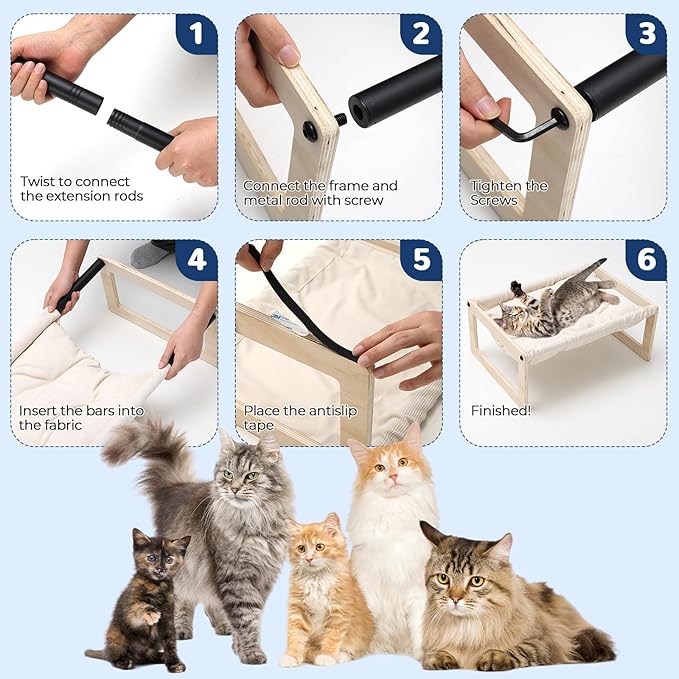 Cat Bed with Removable Washable Cushion, 9.5" Elevated Wooden Cat Hammock Bed, 360° Visibility Dog/Cat Cot with Cozy Winter Pads for Kitty, Puppy, Rabbit and All Pets