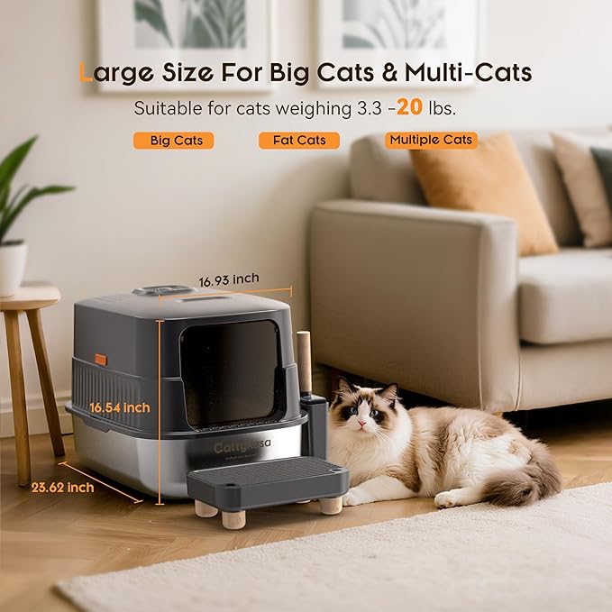 Odor Control XL Stainless Steel Litter Box,3-in-1 Enclosed High Sided Litter Box with High Lid for Big Cats,Non-Sticky,Anti-Leakage,Easy Clean,with Scoop & Filter Pedal