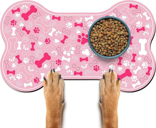 Dog & Cat Food Mat Bone Shaped Pet Feeding Mat Quick Absorb Water Bowl Placemat with Rubber Backing Indoor Floor Stain Resistant Pet Accessory Supplies (Light Pink, 17x29 Inches)