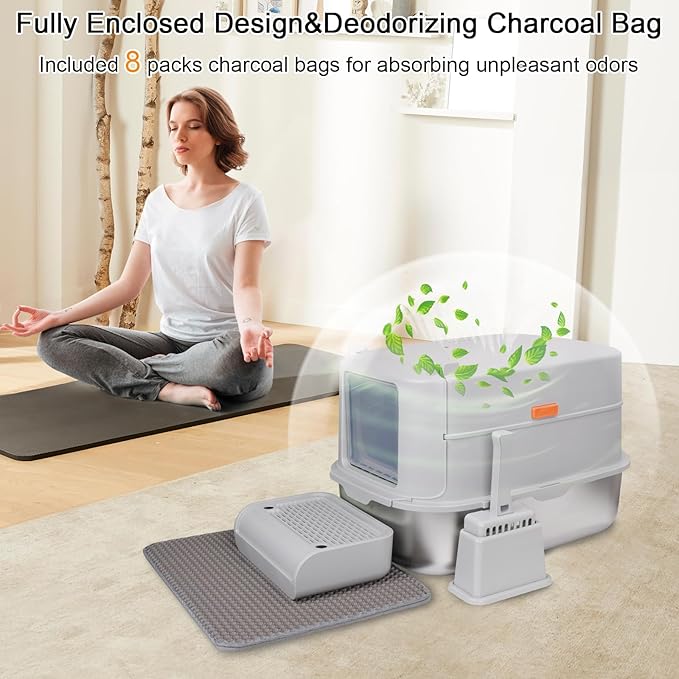 ELEGX Odor-Control Stainless Steel Cat Litter Box,XL Large 4-in-1 Cat Metal Litter Box Set,Enclosed Removable Metal Litter Box with High Sided Enclosure, Mat & Scoop,Extremely Easy to Clean