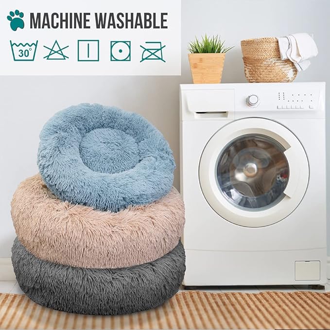 PetAmi Calming Dog Bed for Small Medium Dogs and Cats, Round Donut Washable Fluffy Faux Fur Plush Cuddler Pet Kitten Cushion, Anti-Slip, Fits up to 45 lbs, 30 inch, Light Gray