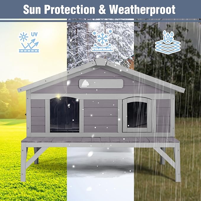 Outdoor Cat House Weatherproof Large Cat Shelter with Balcony Indoor Kitty Shelter Condos with Escape Doors