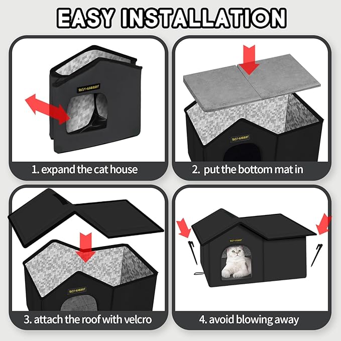 Rest-Eazzzy Cat House for Outdoor Cats, Weatherproof and Insulated Feral Cat House with Mat and Clip, Easy to Put Together, Selfwarming Cat Shelter for Winter (Black, Waterproof House-L)