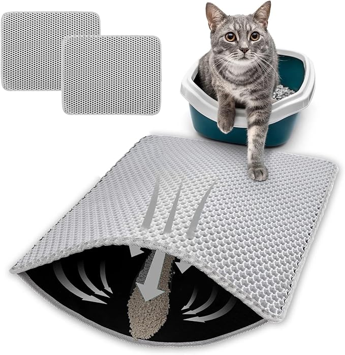 HCY&WLD 2-Pack Cat Litter Mat, Double Layer Honeycomb Waterproof Urine Proof Non-Slip Litter Trapping Mat, Less Waste, Easy to Clean Cat Litter Box Mat, Kitty Indoor Supplies (Gray, 24x18 Inches)