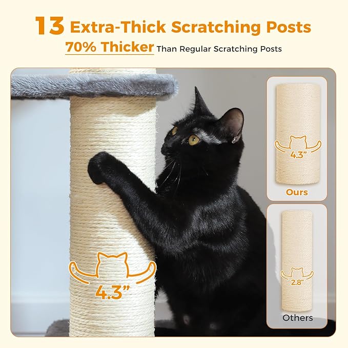 Heavy Duty Cat Tree for Maine Coon – 67" Tall Cat Tower with 13 Thick (φ4.3) Scratching Posts, XXL Cat Condo with Super Large Perch & Cozy Hammocks, Engineered for Big Cats (20+ lbs) - Gray