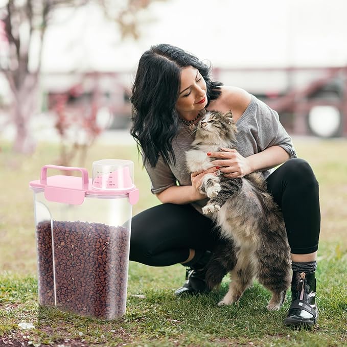 5-7Lbs Dog Cat Food Storage Container with Upgraded Large Nozzle BPA-free, 4 Snap Seals Plastic Pet Food Storage Containers with Handles (2, Light Pink, 5L)