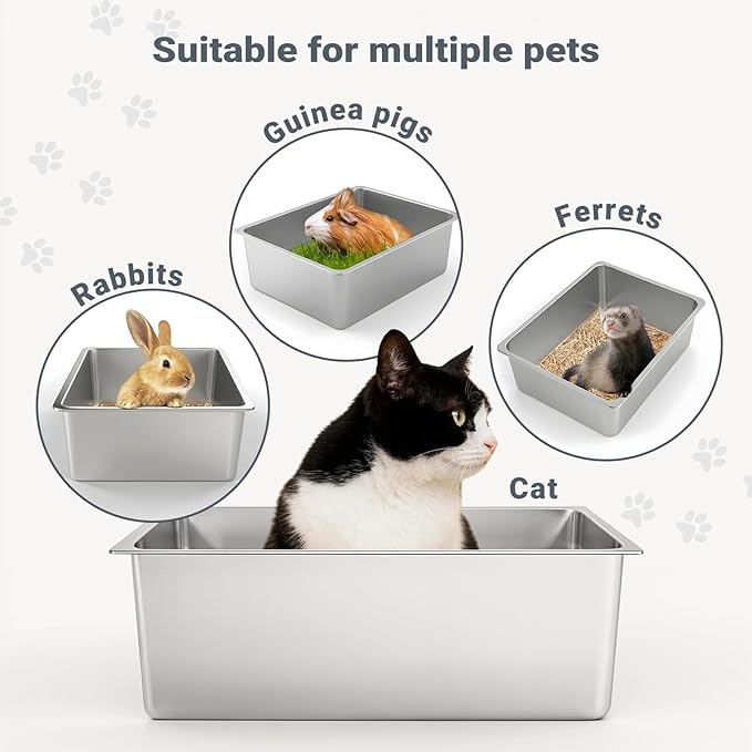 Kirecoo Stainless Steel Cat Litter Box XL- Metal High Sided Cat Pan, Large Stainless Steel Box, Indoor Litter Tray, Non Stick, No Smell, Easy to Clean, Pet Toilet Supplies for Kitten, Kitty, Rabbit