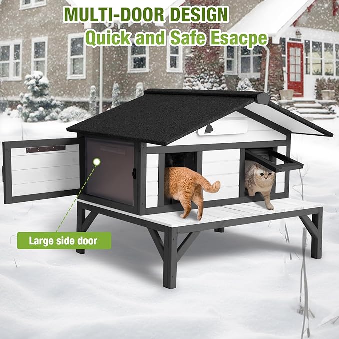 GUTINNEEN Heated Outdoor Cat House Weatherproof Large Cat Shelter with 100% Insulated Liner for Multiple Cats, Cat Houses for Indoor Cats(Black)