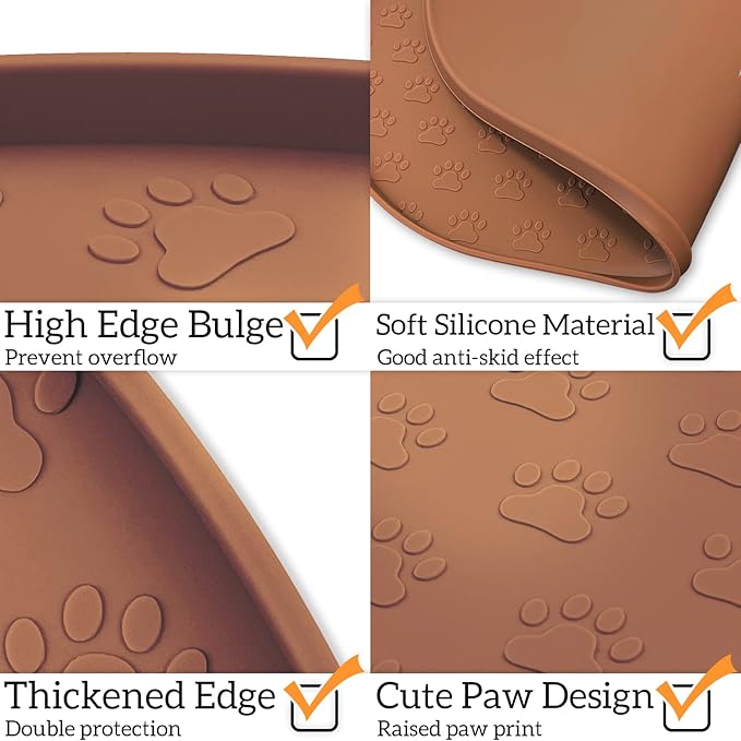KPWACD Pet Placemat for Dog and Cat, Anti-Slip Waterproof Dogs Feeding Bowl Mat Prevent Food and Water Overflow, Silicone Puppy Dish Mats Suitable for Small Medium Big Pets, Brown, 19" * 12"