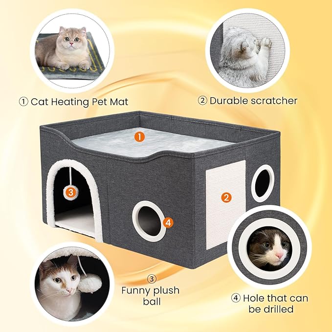 Indoor Heated Cat House, Adjustable Temperature Cat Heating Bed with Timer and Chew Resistant Cord, Large Cat House with Heating Pad for Small Medium and Large Cats