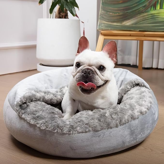 Small Dog Bed with Blanket Removable Cover Cave Washable Cat Pet Bed for Crate Toy Puppy Donut Round Plush Cozy Anti-Slip Bottom Gray 23X23X7 inch