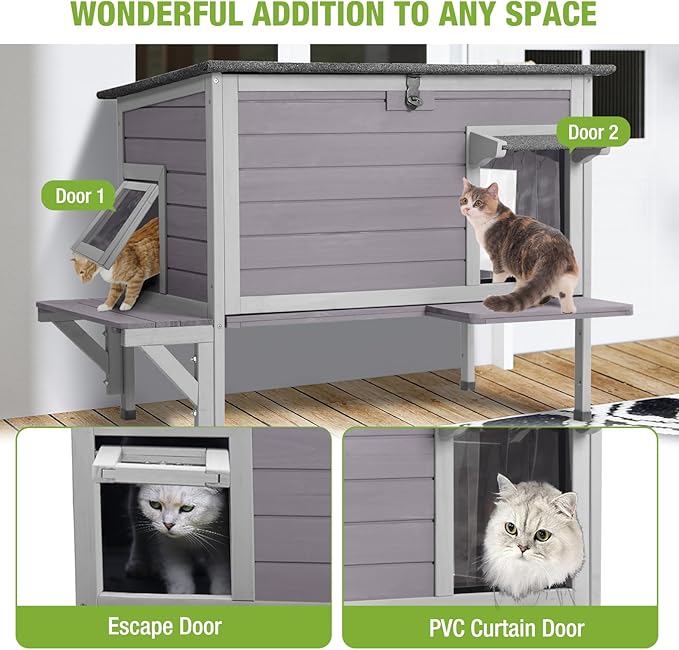 GUTINNEEN Insulated Outdoor Cat House with All-Round Liner, Weatherproof Feral Cat Shelter for Winter, Outside Stray Cat House with 3 Escape Doors and Elevated Base