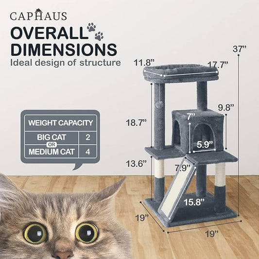 CAPHAUS Kittens Tower with 2-Door Large Cave Condo, Activity Indoor Cat Tree with Large Widened Perch, Multi-Level with Cute Cats Scratching Posts, Modern Ramp, 37-Inch Activity Tree for Small Cats