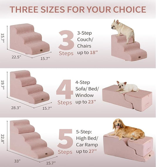 Made4Pets Dog Stairs Ramp for Bed, 4-Step Dog Steps for High Bed Couch Sofa Climbing, 35D Foam Pet Steps for Small Dogs and Cats, Non-Slip Bottom Pet Stairs, Pink