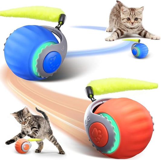 Interactive Cat Toy for Indoor Cats, Two Speed Smart Automatic Cat Toy Moving Ball with Tail, 2 Pack Rechargeable Motion Activated Cat Toys for Bored Indoor Adult Cats(Orange & Blue)