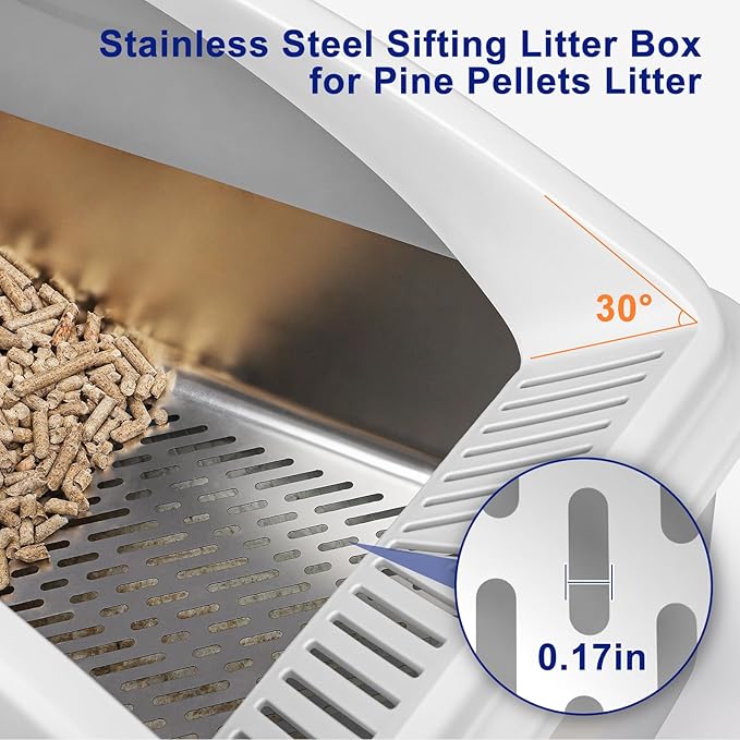 Stainless Steel Litter Box for Pine Pellet Cat Litter Non Clumping Litter System | XXL Sifting Cat Litter Box with Lid for Big Cats | High Sided, Anti-Urine Leakage | Non-Stick Bottom