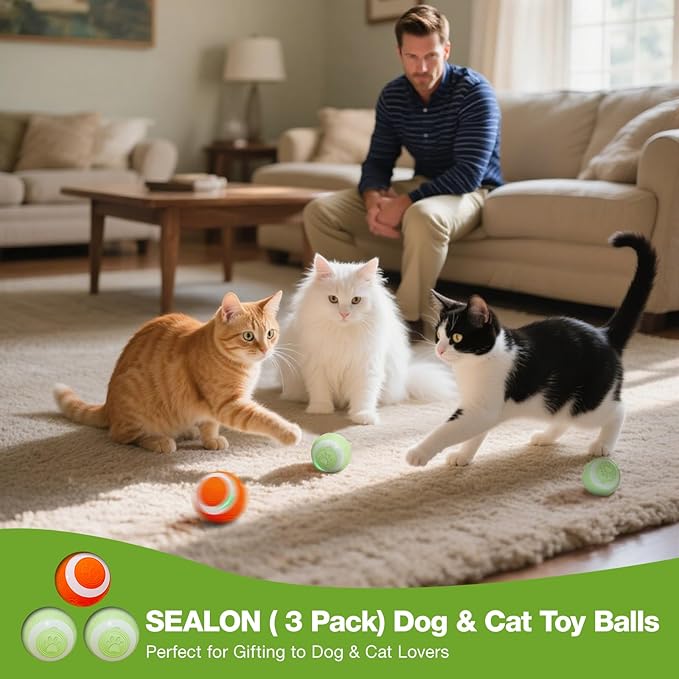 SEALON Electric Interactive Dog & Cat Toy Ball(3 Pack) Indoor Cat Play Ball, Suitable for Cats Over 6 Months for Exercise, Weight Loss, and Fun