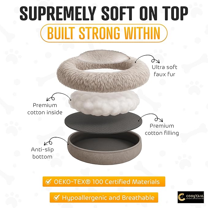 Anti-Anxiety Donut Pet Bed, Round Plush Faux Fur, Washable, Small to Medium Dogs and Cats (Brown, Large)