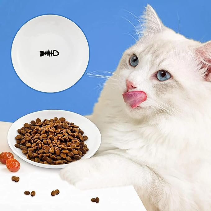 10 Pcs Wide & Shallow Cat Plates for Whisker Fatigue Relief, 15cm/6'' Ceramic Feeding Dishes With Cute Fish Bone Design, Wet & Dry Food Bowls for Kittens, Cats, Puppies