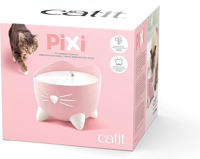 Catit PIXI Drinking Fountain – Cat Water Fountain with Triple Filter and Ergonomic Drinking Options, Pink