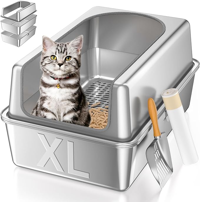 XL All Stainless Steel Sifting Litter Box with Lid,Sifting Cat Litter Box for Wood Pine Pellets,High Sides Sifter Litter Pan System,Odor Control,Easy to Clean,with Liners and Scoop