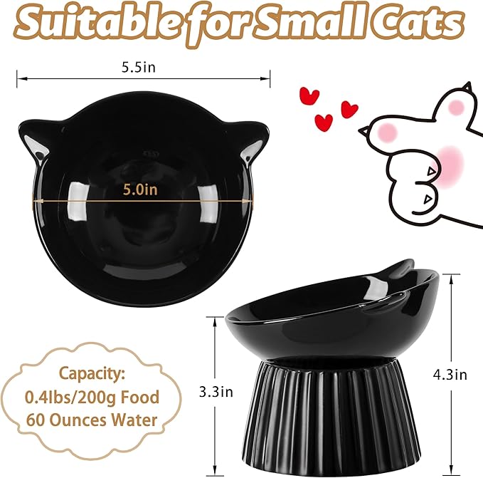 Ceramic Raised Cat Bowl,Tilted Raised Bowl Anti Vomit for Indoor Cats Whisker Friendly Pet Feeder for Cats Puppies, Microwave and Dishwasher Safe (Black)