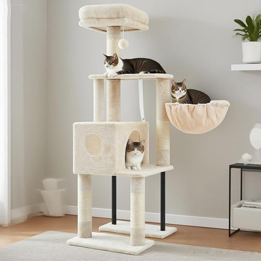 Heybly Cat Tree, 49.2 Inches Cat Tower for Indoor Cats, Spacious Cat House Condo with Hidden Space,Sturdy Steel Tube,Soft Plush Top Perch,Cozy Hammock and Sisal Scratching Posts, Beige HCT200SM