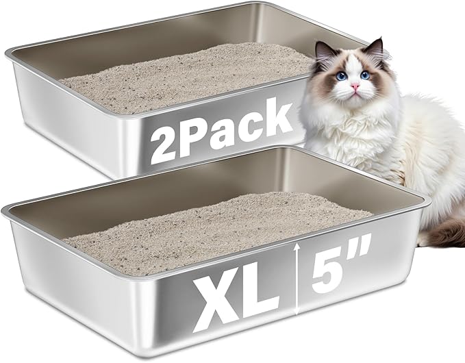 Stainless Steel Litter Box 2 Pack, XLarge Metal Litter Box for Cat, Easy Clean Non Stick Easy Entry No Smell Metal Litterbox for Kitty/Cats