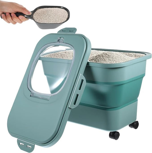 Collapsible Cat Litter Storage Bin Container with Airtight Lids, Portable Cat Litter Storage Container with Wheels, Kitchen Cereal Rice Leakproof Sealable