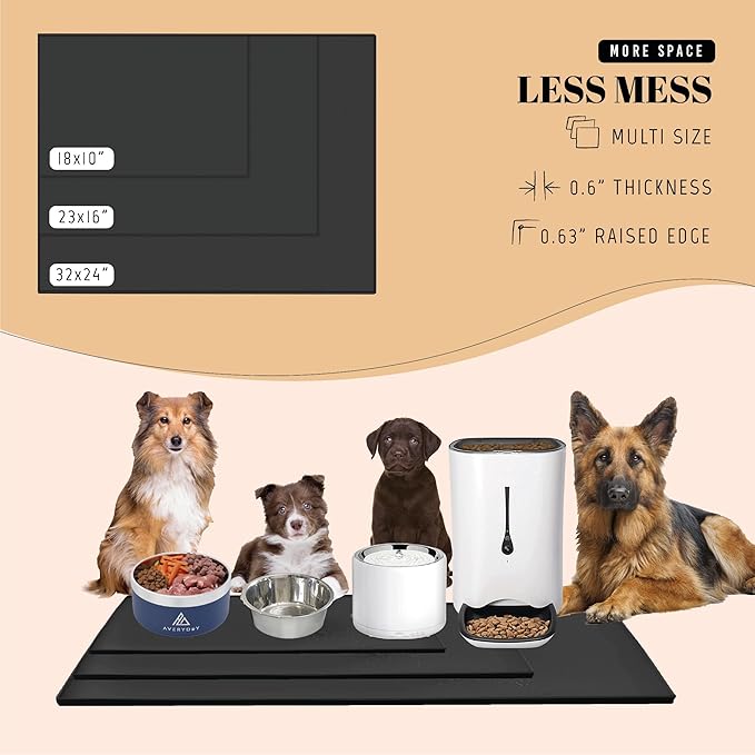 AVERYDAY 32x24'' Silicone Dog Mat for Food and Water, 0.63'' Edge Dog Food Bowl Mats for Floor Waterproof, Dogs Water Mat for Sloppy Drinker, Non Slip Rubber Pet Feeding Mats for Indoor Dogs and Cats