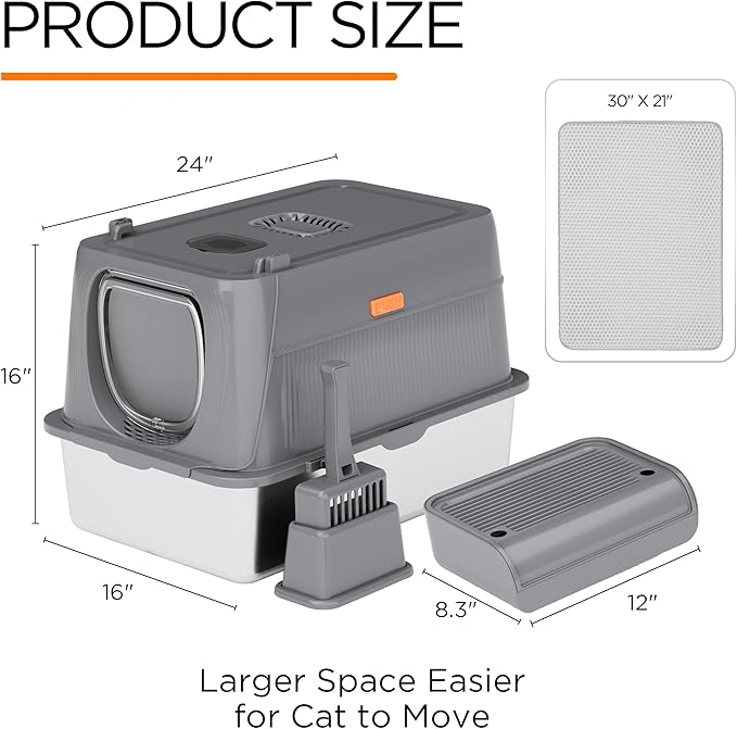 Citylife Stainless Steel Cat Litter Box with Lid,XL Extra Large Enclosed Removable Metal Litter Box with Litter Scoop&Double Layer Litter Mat,Non-Sticky,Non-Odor,Easy Cleaning, for Big Cats Dark Grey
