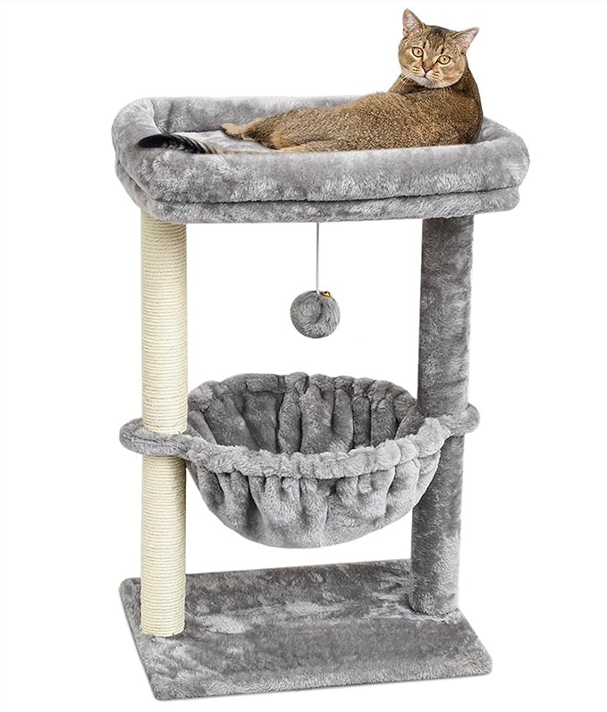 SYANDLVY Small Cat Tree for Indoor Cats, Activity Cat Tower with Scratching Post for Kittens, Cat Bed & Furniture with Basket & Hanging Ball for Play Rest