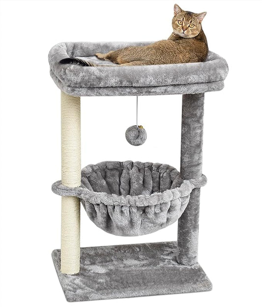 SYANDLVY Small Cat Tree for Indoor Cats, Activity Cat Tower with Scratching Post for Kittens, Cat Bed & Furniture with Basket & Hanging Ball for Play Rest