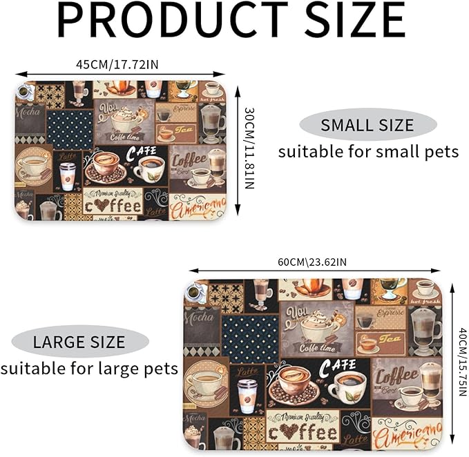 Boho Coffee Dog Food Mat Absorbent Bowl Mats No Stains Quick Dry Waterproof Pet Cat Placemats for Food and Water, 30x45cm