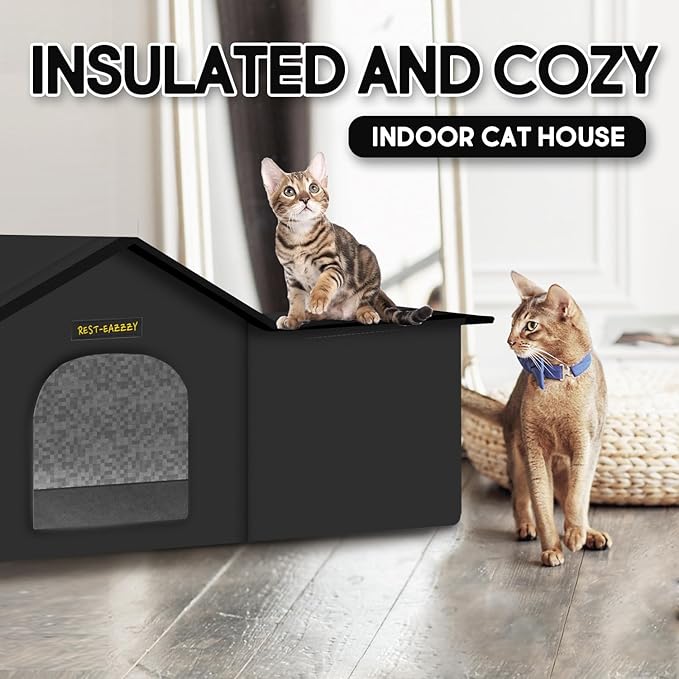 Rest-Eazzzy Cat House for Outdoor Cats, Weatherproof and Insulated Feral Cat House with Mat and Clip, Easy to Put Together, Selfwarming Cat Shelter for Winter (Black, Waterproof House-L)