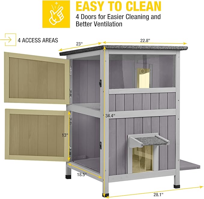 Aivituvin 2-Story Outdoor/Indoor Cat House - Solid Wood Kitty Condo with Escape Door, Removable Floors, Weatherproof Asphalt Roof & Sun Balcony