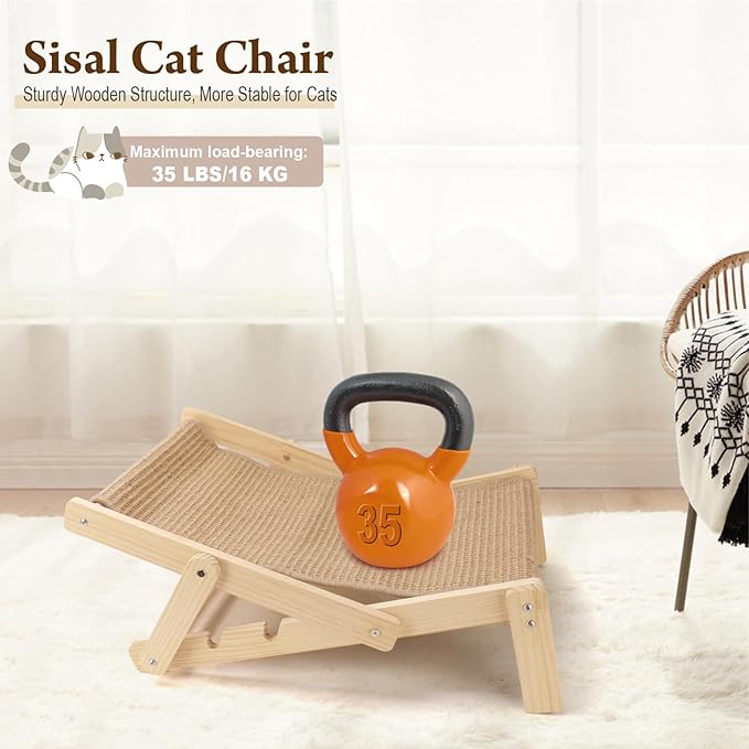 2 in 1 Cat Sisal Chair for Indoor Cats Hammock for Scratching Pad, Sisal Cat Scratcher Bed with Adjustable 4-Position for Cats Scratcher Lounge, Natural Lounger Chair