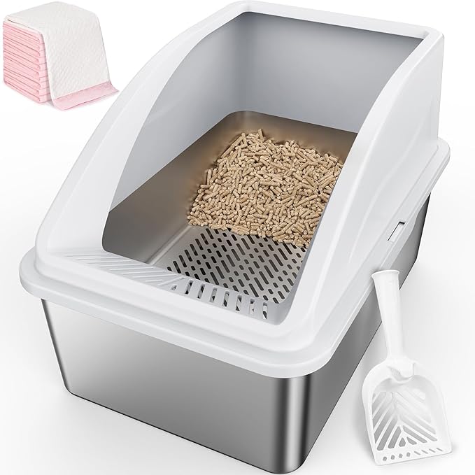 Stainless Steel Litter Box for Pine Pellet Cat Litter Non Clumping Litter System | XXL Sifting Cat Litter Box with Lid for Big Cats | High Sided, Anti-Urine Leakage | Non-Stick Bottom