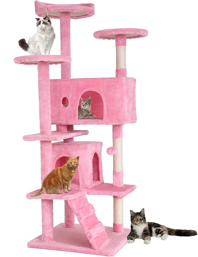 BestPet 54in Cat Tree Tower for Indoor Cats,Multi-Level Cat Furniture Activity Center with Cat Scratching Posts Stand House Cat Condo with Funny Toys for Kittens Pet Play House (54in, Pink)