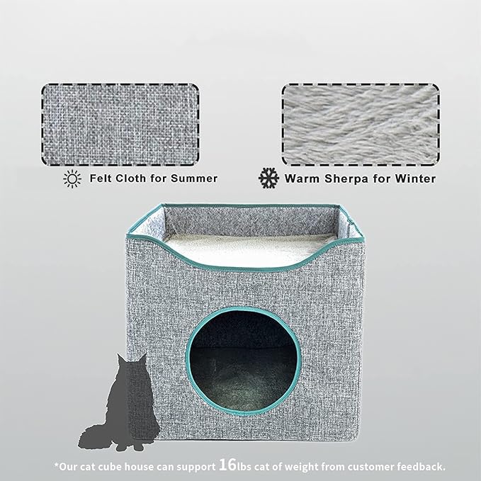 Jongee Cat Cube House Foldable Cat Condo with Reversible Cushion & Scratch Pad for Small Cats, Gray, 13”×13”×15”