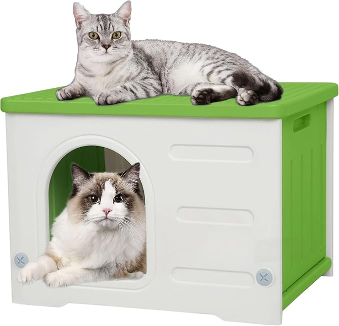 Deblue Plastic Cat House for Indoor Outdoor, Weatherproof Outdoor Cat House for Feral Cats, Unique Outside Cat Shelter for Small Pet, Easy to Assemble and Clean, Large Space - Green