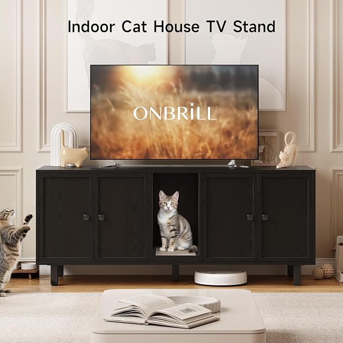 59 Inches Cat Litter Box Enclosure for 2 Cats, Hidden Litter Boxes Furniture with Cat Scratch Pad, Large Indoor Pet House with Double Room, Wooden TV Stand Side Table, Black
