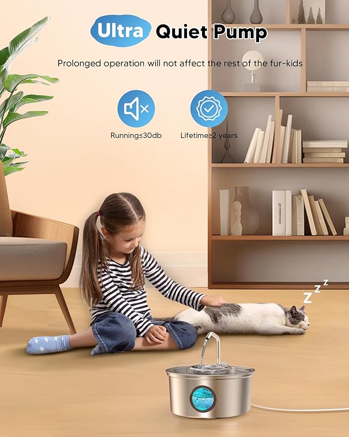 Dog Water Fountain Stainless Steel - 3.2L/108oz Dog Fountain and Removeable Suction Dog Bowls, Kitty Fountain with Multi-Filter, Water Level Window, Pet Fountain for Cats and Dogs