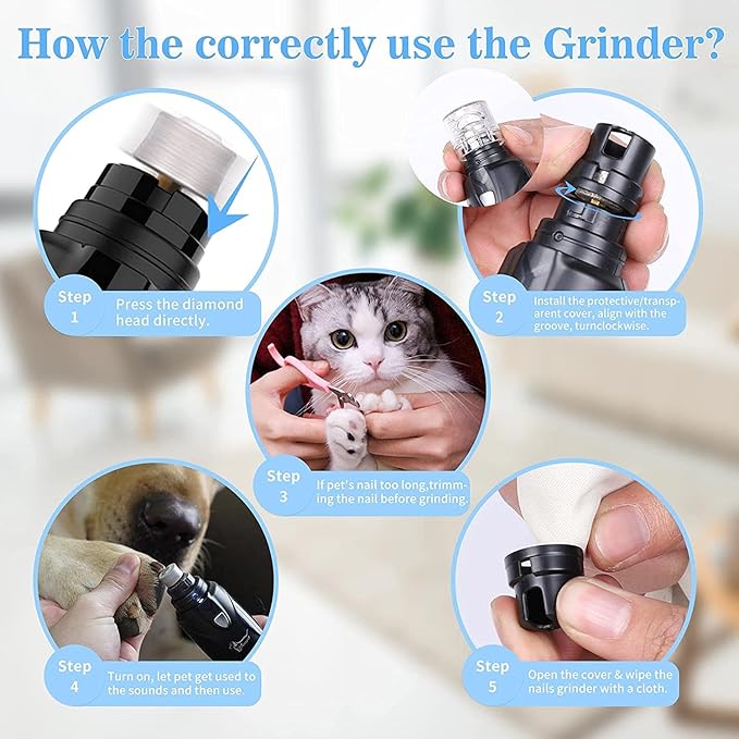 Pet Nail Grinder with LED Light & 2 Grinding Heads, 2-Speed Low Noise & More Powerful Dog Nail Grinder, Pet Nail Trimmer File, Painless Paw Claw Care, Quiet Toenail Grooming Tool for L/M/S Dogs/Cats