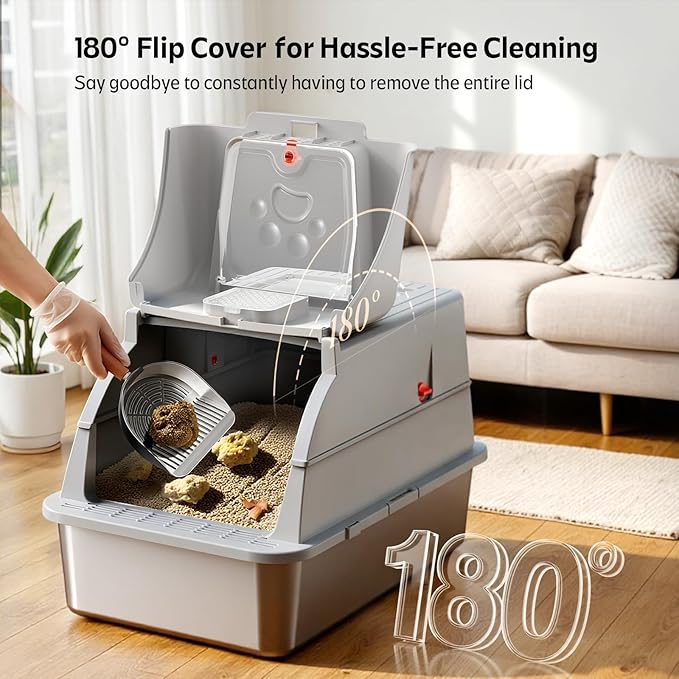 2 Pack Stainless Steel Cat Litter Box, Semi-Enclosed + Fully Enclosed Non-Odor Litter Box with Litter Scoop and Litter Mat (Non-Sticky, Easy to Clean, Anti-Urine Leakage)